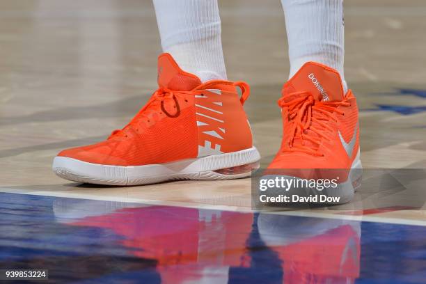 The sneakers of Enes Kanter of the New York Knicks during the game against the Philadelphia 76ers on March 28, 2018 at the Wells Fargo Center in...