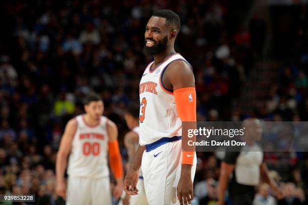 Tim Hardaway Jr. #3 of the New York Knicks looks on during the game against the Philadelphia 76ers on March 28, 2018 at the Wells Fargo Center in...