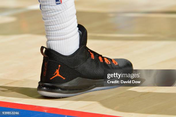 The sneakers of Tim Hardaway Jr. #3 of the New York Knicks during the game against the Philadelphia 76ers on March 28, 2018 at the Wells Fargo Center...