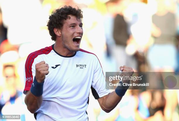 Pablo Carreno Busta of Spain celebrate to the crowd after his three set victory against Kevin Anderson of South Africa in their quarterfinal match...