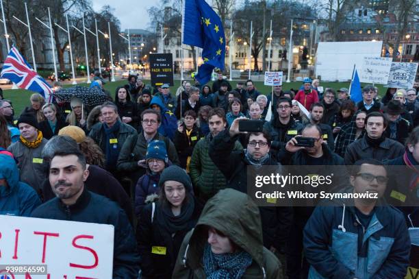 People gather in Parliament Square for an emergency demonstration on the anniversary of triggering Article 50. The rally, hosted by The Fair Vote...