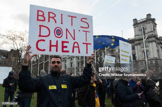 People gather in Parliament Square for an emergency demonstration on the anniversary of triggering Article 50. The rally, hosted by The Fair Vote...