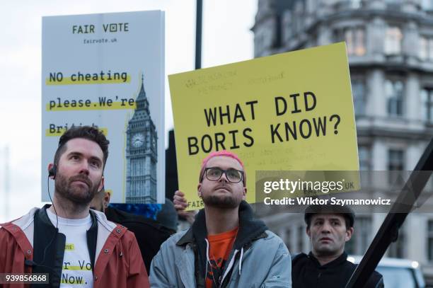 Cambridge Analytica whistleblower Chris Wylie attends an emergency demonstration in Parliament Square on the anniversary of triggering Article 50....
