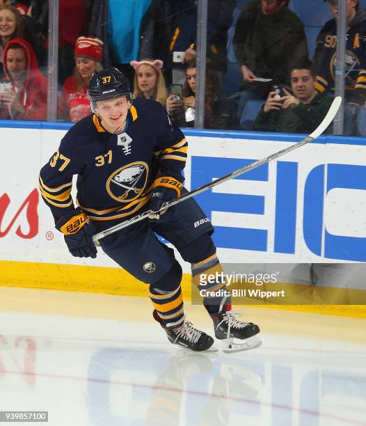 Casey Mittelstadt of the Buffalo Sabres warms up before his first NHL game against the Detroit Red Wings on March 29, 2018 at KeyBank Center in...
