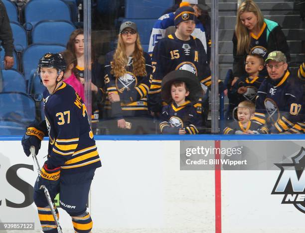 Casey Mittelstadt of the Buffalo Sabres warms up before his first NHL game against the Detroit Red Wings on March 29, 2018 at KeyBank Center in...