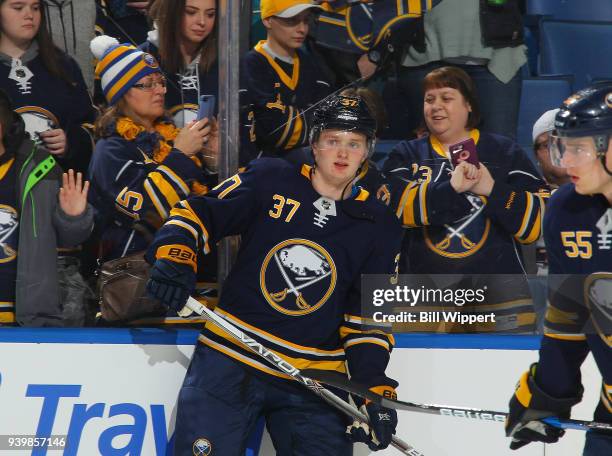 Casey Mittelstadt of the Buffalo Sabres warms up before his first NHL game against the Detroit Red Wings on March 29, 2018 at KeyBank Center in...