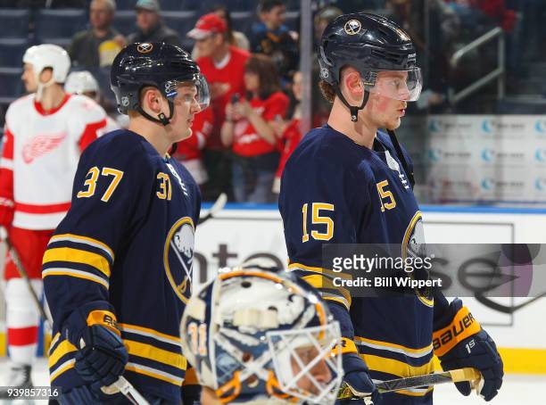 Casey Mittelstadt of the Buffalo Sabres warms up alongside Jack Eichel before his first NHL game against the Detroit Red Wings on March 29, 2018 at...