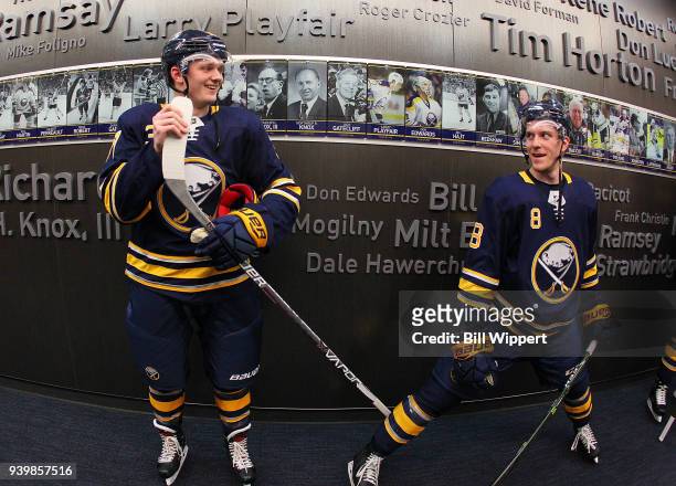Casey Mittelstadt of the Buffalo Sabres prepares before his first NHL game against the Detroit Red Wings on March 29, 2018 at KeyBank Center in...