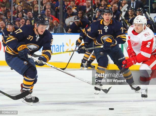 Casey Mittelstadt of the Buffalo Sabres, skating in his first NHL game, chases the puck against the Detroit Red Wings on March 29, 2018 at KeyBank...