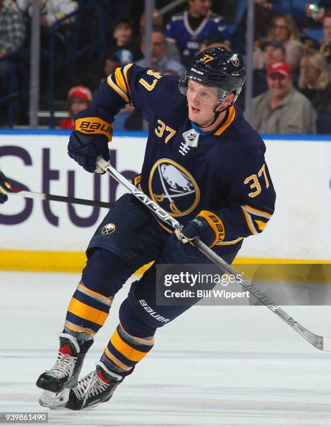 Casey Mittelstadt of the Buffalo Sabres skates in his first NHL game against the Detroit Red Wings on March 29, 2018 at KeyBank Center in Buffalo,...