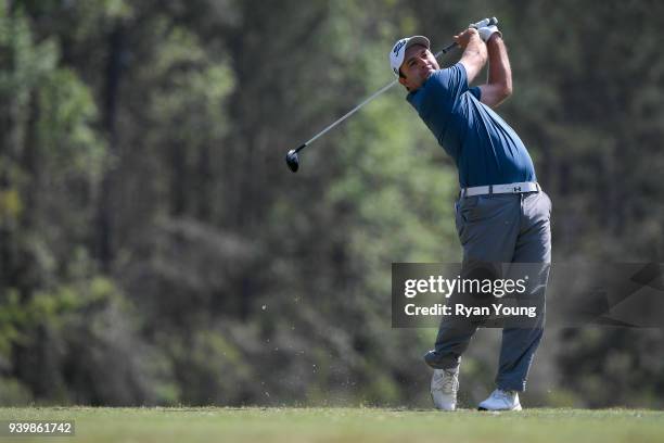 Fernando Mechereffe plays his shot from the fifth tee during the first round of the Web.com Tour's Savannah Golf Championship at the Landings Club...