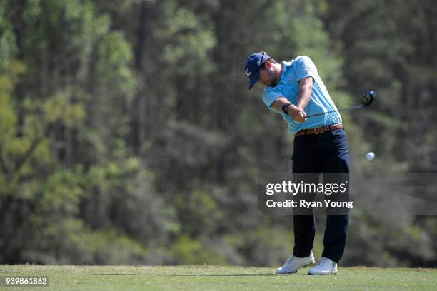 Seth Fair plays his shot from the fifth tee during the first round of the Web.com Tour's Savannah Golf Championship at the Landings Club Deer Creek...