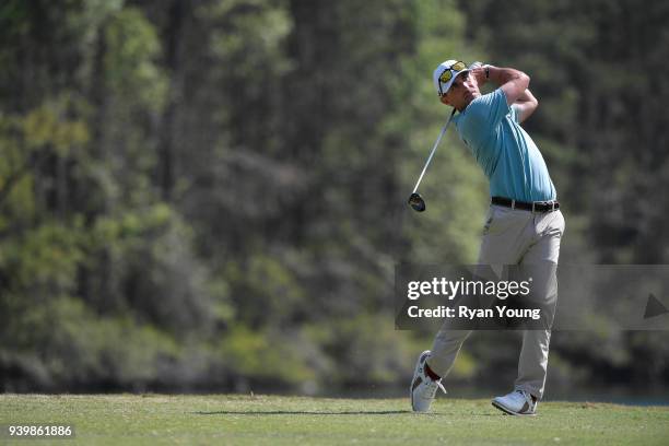 Matt Fast plays his shot from the fifth tee during the first round of the Web.com Tour's Savannah Golf Championship at the Landings Club Deer Creek...