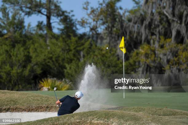 Mike Van Sickle plays a bunker shot on the eighth hole during the first round of the Web.com Tour's Savannah Golf Championship at the Landings Club...