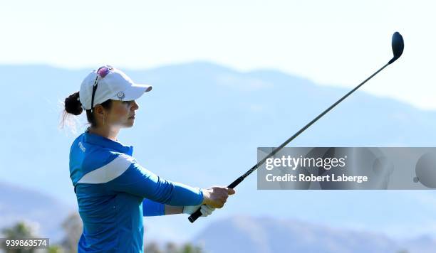 Beatriz Recari of Spain makes an approach shot on the 18th hole during round one of the ANA Inspiration on the Dinah Shore Tournament Course at...