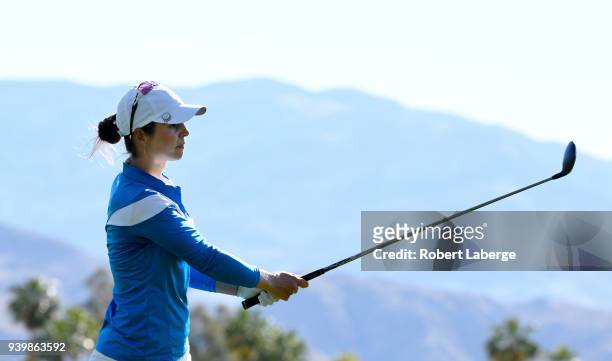 Beatriz Recari of Spain makes an approach shot on the 18th hole during round one of the ANA Inspiration on the Dinah Shore Tournament Course at...