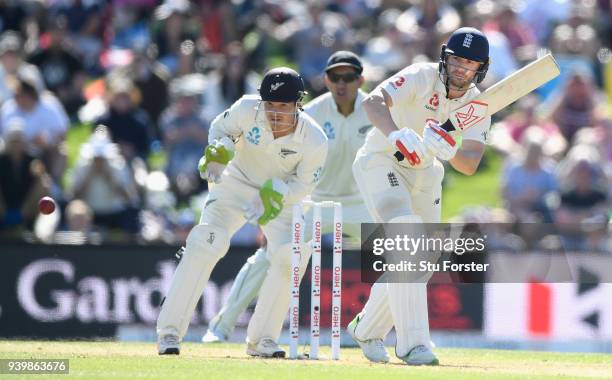 England batsman Mark Stoneman picks up some runs watched by BJ Watling during day one of the Second Test Match between the New Zealand Black Caps and...