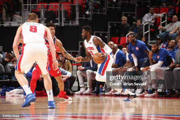 James Ennis III of the Detroit Pistons handles the ball against the Washington Wizards on March 29, 2018 at Little Caesars Arena in Detroit,...