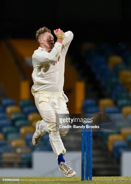 Dom Bess of MCC bowling during Day Three of the MCC Champion County Match, MCC v ESSEX on March 29, 2018 in Bridgetown, Barbados.