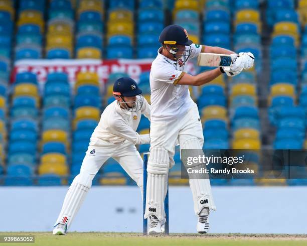 Tom Westley of Essex hits 4 during Day Three of the MCC Champion County Match, MCC v ESSEX on March 29, 2018 in Bridgetown, Barbados.