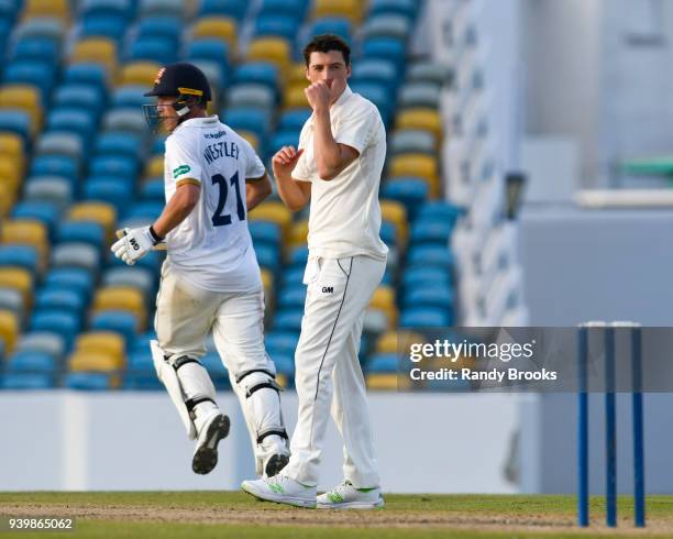 Tom Westley of Essex get runs off Matt Fisher of MCC during Day Three of the MCC Champion County Match, MCC v ESSEX on March 29, 2018 in Bridgetown,...