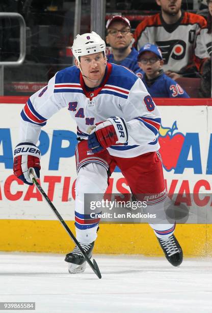 Cody McLeod of the New York Rangers skates against the Philadelphia Flyers on March 22, 2018 at the Wells Fargo Center in Philadelphia, Pennsylvania.