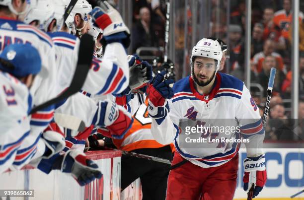 Mika Zibanejad of the New York Rangers celebrates his first period goal with teammates against the Philadelphia Flyers on March 22, 2018 at the Wells...
