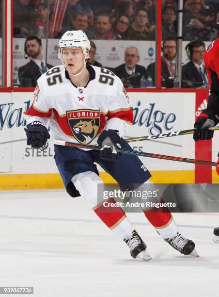 Making his NHL debut, Henrik Borgstrom of the Florida Panthers skates against the Ottawa Senators at Canadian Tire Centre on March 29, 2018 in...
