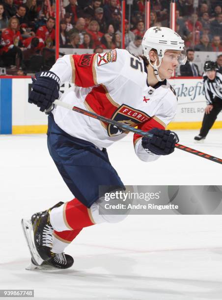 Making his NHL debut, Henrik Borgstrom of the Florida Panthers skates against the Ottawa Senators at Canadian Tire Centre on March 29, 2018 in...
