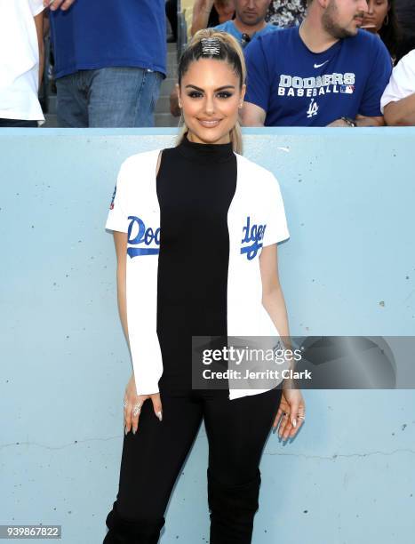 Singer Pia Toscano attends a baseball game between San Francisco Giants and Los Angeles Dodgers on Opening Day at Dodger Stadium on March 29, 2018 in...