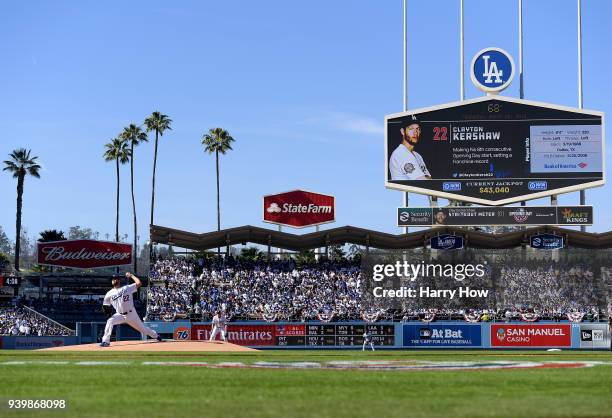 Clayton Kershaw of the Los Angeles Dodgers throws out the first pitch of the game against the San Francisco Giants during the 2018 Major League...