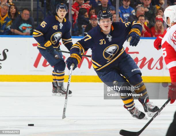 Casey Mittelstadt of the Buffalo Sabres skates in his first career NHL game against the Detroit Red Wings on March 29, 2018 at KeyBank Center in...