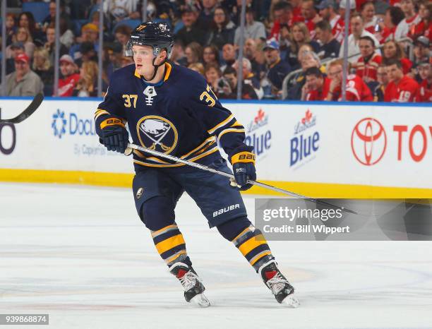 Casey Mittelstadt of the Buffalo Sabres skates against the Detroit Red Wings during an NHL game on March 29, 2018 at KeyBank Center in Buffalo, New...