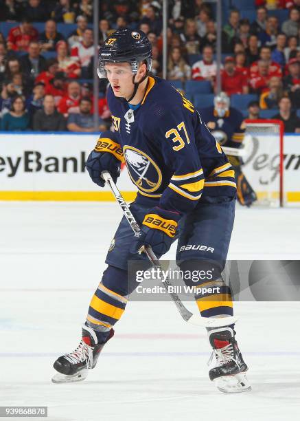 Casey Mittelstadt of the Buffalo Sabres skates against the Detroit Red Wings during an NHL game on March 29, 2018 at KeyBank Center in Buffalo, New...