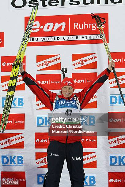 Tora Berger of Norway during the Flower Ceremony of Women's 7.5 km Sprint of the E.ON Ruhrgas IBU Biathlon World Cup on December 5, 2009 in...