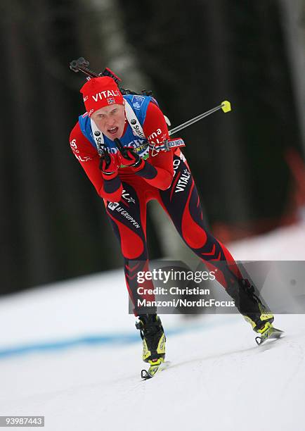 Tora Berger of Norway on the way to victory of Women's 7.5 km Sprint of the E.ON Ruhrgas IBU Biathlon World Cup on December 5, 2009 in Ostersund,...