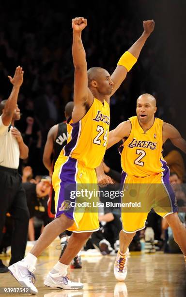 Kobe Bryant of the Los Angeles Lakers celebrates defeating the Miami Heat 108-107 at Staples Center on December 4, 2009 in Los Angeles, California....