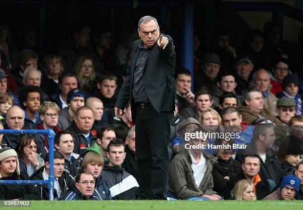 Avram Grant manager of Portsmouth instructs his team during the Barclays Premier League match between Portsmouth and Burnley at Fratton Park on...