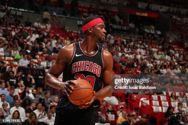 Noah Vonleh of the Chicago Bulls handles the ball during the game against the Miami Heat on March 29, 2018 at American Airlines Arena in Miami,...