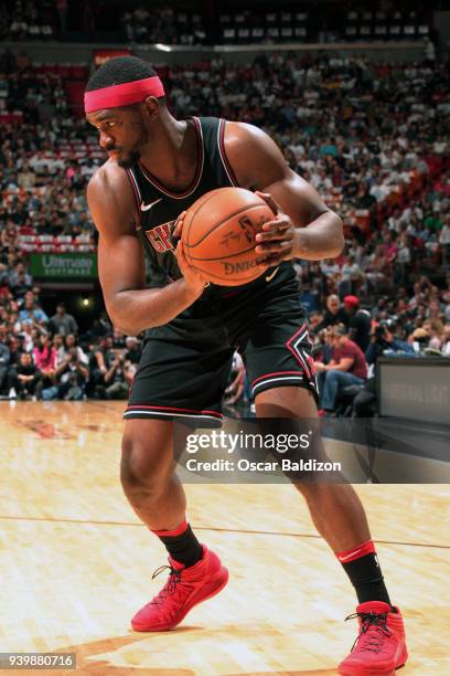 Noah Vonleh of the Chicago Bulls handles the ball against the Miami Heat on March 29, 2018 at American Airlines Arena in Miami, Florida. NOTE TO...