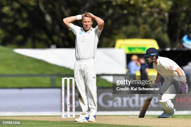 Neil Wagner of New Zealand reacting during day one of the Second Test match between New Zealand and England at Hagley Oval on March 30, 2018 in...