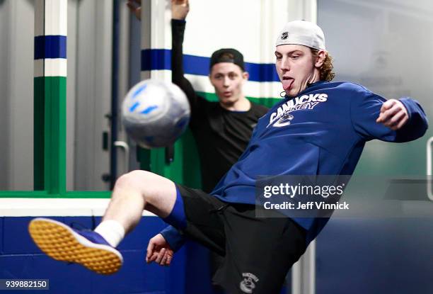 Adam Gaudette of the Vancouver Canucks plays soccer before their NHL game against the Edmonton Oiler sat Rogers Arena March 29, 2018 in Vancouver,...