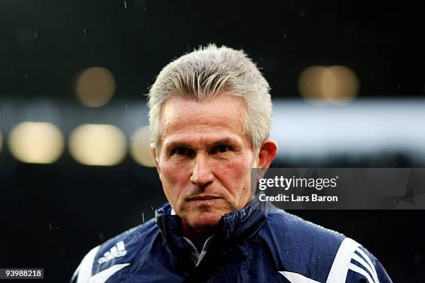 Head coach Jupp Heynckes of Leverkusen looks on prior to the Bundesliga match between Hannover 96 and Bayer Leverkusen at AWD-Arena on December 5,...