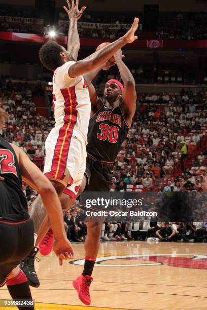 Noah Vonleh of the Chicago Bulls shoots the ball against the Miami Heat on March 29, 2018 at American Airlines Arena in Miami, Florida. NOTE TO USER:...