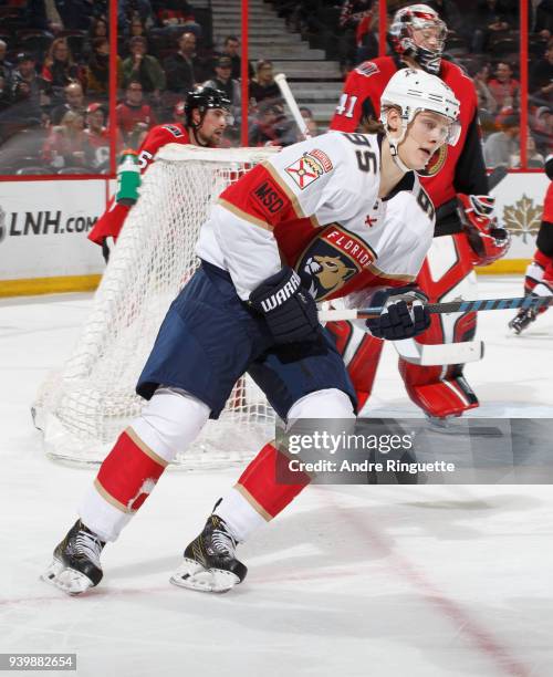 Making his NHL debut, Henrik Borgstrom of the Florida Panthers skates against the Ottawa Senators at Canadian Tire Centre on March 29, 2018 in...