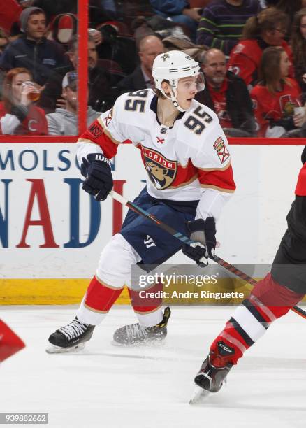 Making his NHL debut, Henrik Borgstrom of the Florida Panthers skates against the Ottawa Senators at Canadian Tire Centre on March 29, 2018 in...