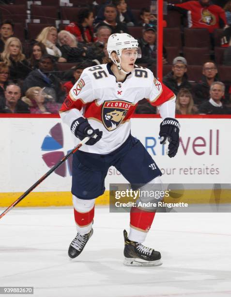 Making his NHL debut, Henrik Borgstrom of the Florida Panthers skates against the Ottawa Senators at Canadian Tire Centre on March 29, 2018 in...