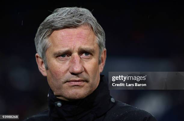 Head coach Andreas Bergmann of Hannover looks on prior to the Bundesliga match between Hannover 96 and Bayer Leverkusen at AWD-Arena on December 5,...