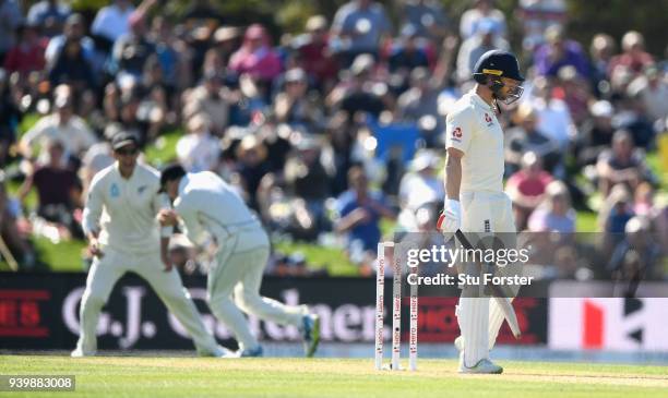 England batsman Mark Stoneman is caught by Tom Latham during day one of the Second Test Match between the New Zealand Black Caps and England at...