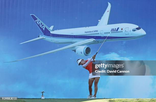 Pernilla Lindberg of Sweden plays her tee shot on the par 3, eighth hole during the first round of the 2018 ANA Inspiration on the Dinah Shore...